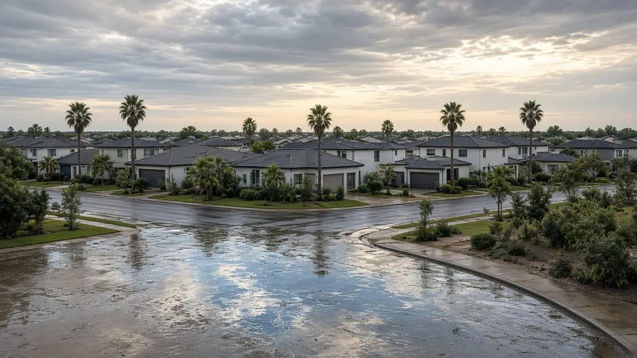 Quiet RGV neighborhood street after rain under clearing clouds