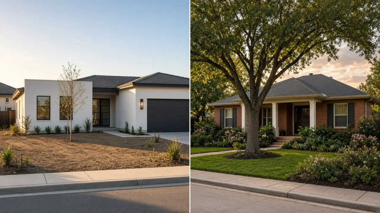 Side-by-side comparison of a new modern home and an established brick resale home