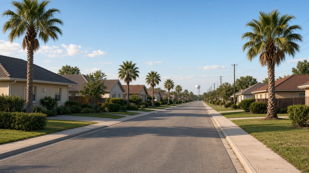 Palm-lined RGV residential street with single-story homes and a distant water tower