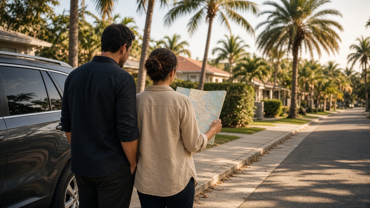 Couple reviewing a map while touring a palm-lined RGV neighborhood